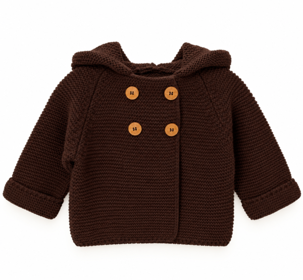 Abrigo infantil de punto marrón con capucha Trenka punto bobo